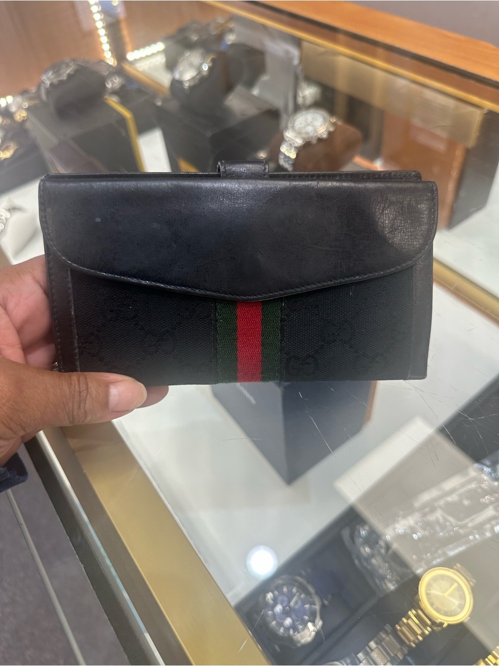 GUCCI Black Leather Wallet with Green and Red Web Stripe